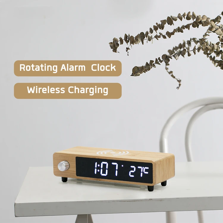 EVERTOP ET5048 Bamboo Retro Knob Digital Wooden Alarm Clock Wireless Charger 10W Fast Qi Wireless Charging Desk & Table Clocks
