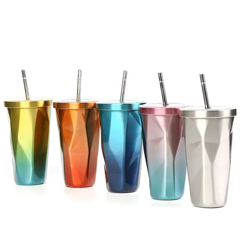 
16oz diamond design Double wall Stainless Steel Insulated tumbler Travel Coffee Mug with Lid and Straw for Unique Gift 