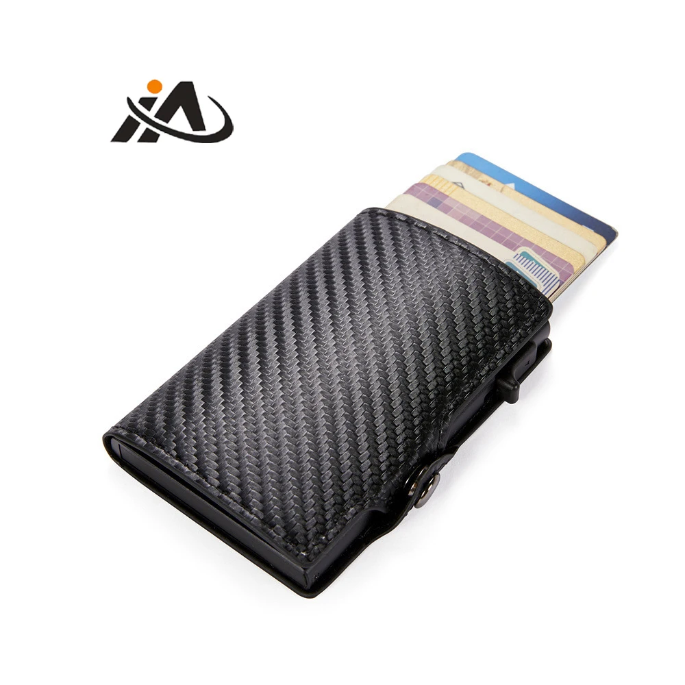 Aluminum RFID Blocking Credit Card box mens genuine leather wallet with Side switch carbon fibre pop up card case