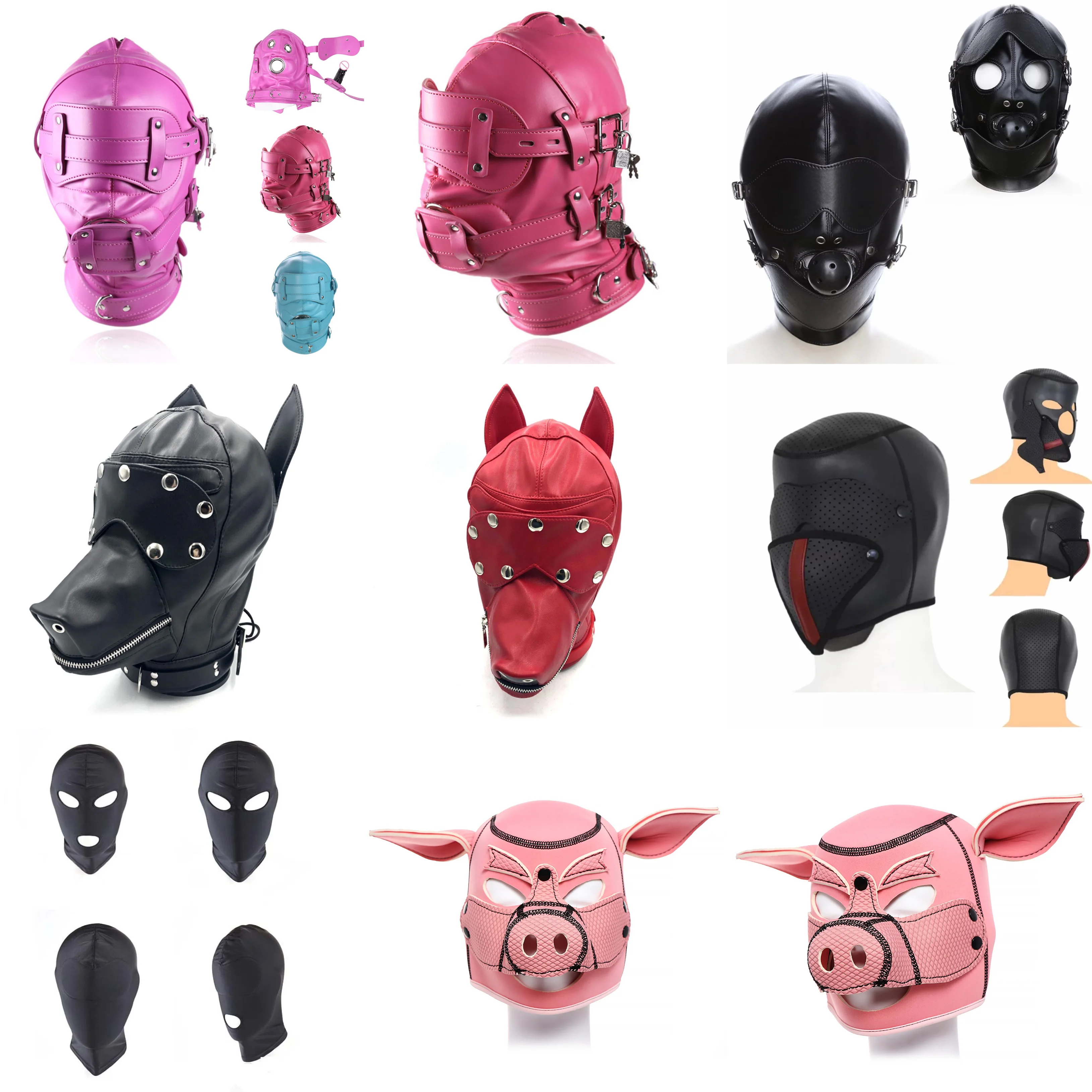 O Pu Leather Head Bondage Hood Mascara Open Mouth Gag Blindfold Strap On Adjustable Full Hood Mascara Black Cosplay SM Sex Tool