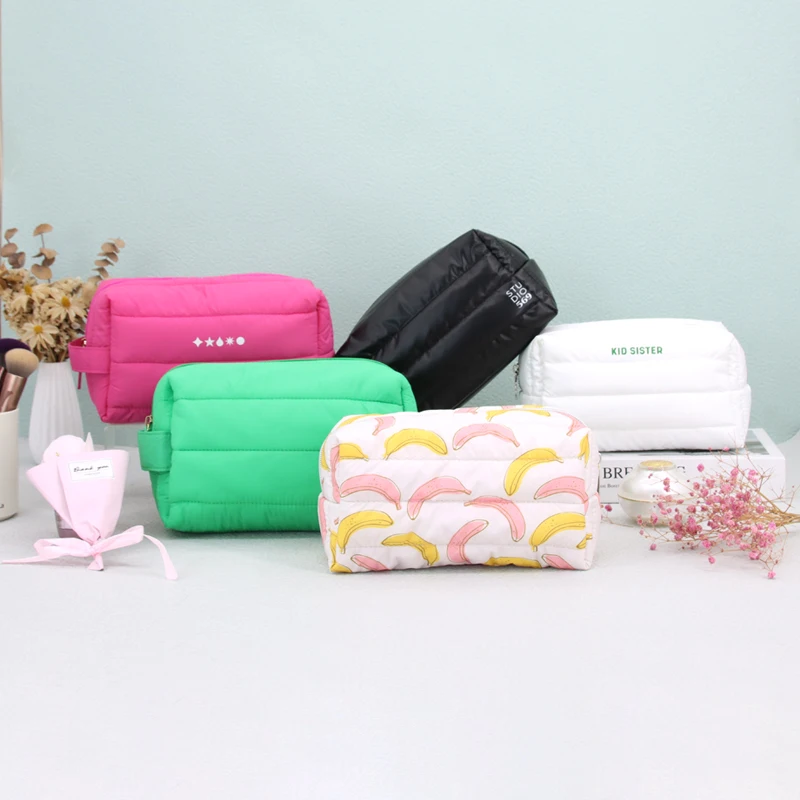Custom Puffer Padded Quilted Nylon Black Cosmetic Makeup Make Up Toiletry Beauty Skincare Pouch Bag