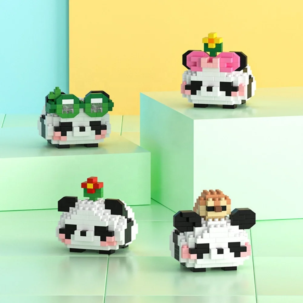 4 Style Cartoon Microparticle Series Happy Panda Full Set Mini Figures Educational Toys Gifts Table Decor Computer Toys