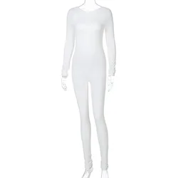 European American Style Women Solid Color Hollow Open Back One-piece Plus Size Jumpsuits