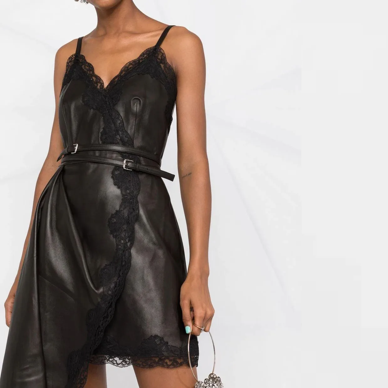 OEM Fashionable Strap V Neck Waist Brand PU Backless Women Party Asymmetric Lace-trim Mini Black Leather Dress