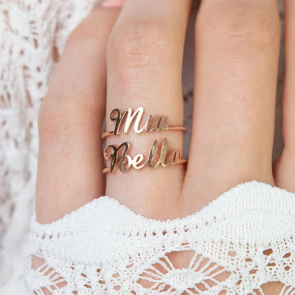 Women Stainless Steel Gold Plated Custom Personalized Name Open Letter Jewelry Adjustable Ring