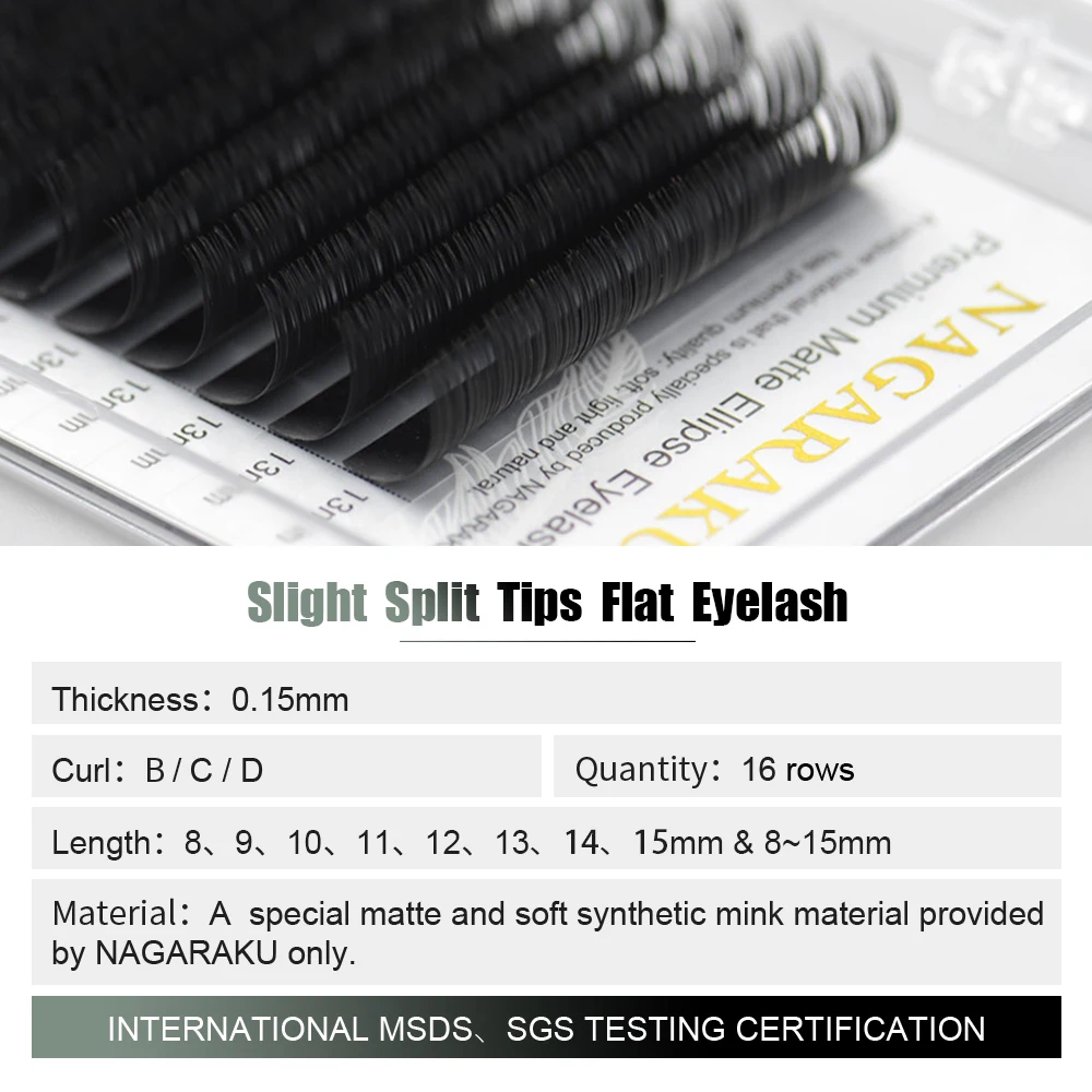 NAGARAKU Flat Ellipse Eyelashes Extensions Matte Black Split Tips 0.15 0.20 B C D curl Natural Light 16 rows Big Tray
