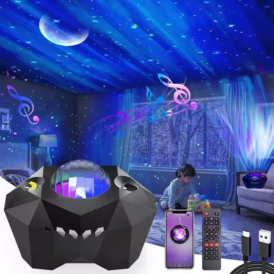 Best Selling Romantic Aurora Moon Star Projection Lamp Design Lamp Remote Control Music Projector Night Light