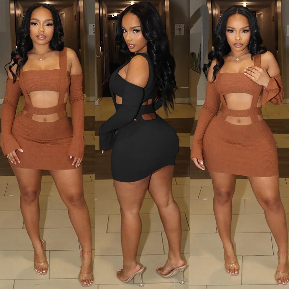 Fashion sexy hot girl hollow out navel suspender sleeve sheath short dress