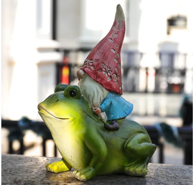Resin Outdoor Decor Garden Gnome Statue Garden Gnomes Sitting on Frog Statue for Garden Yard Patio Lawn