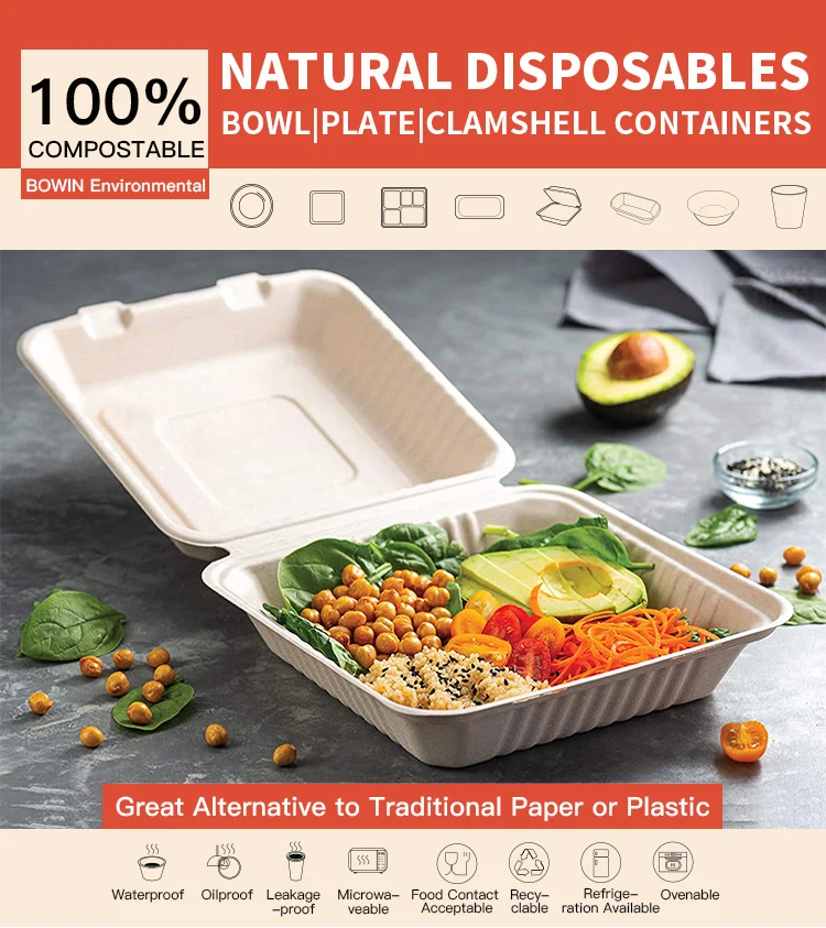 Compostable take out lunch box promotion biodegrabadle sugarcane bagasse lunch box with lid