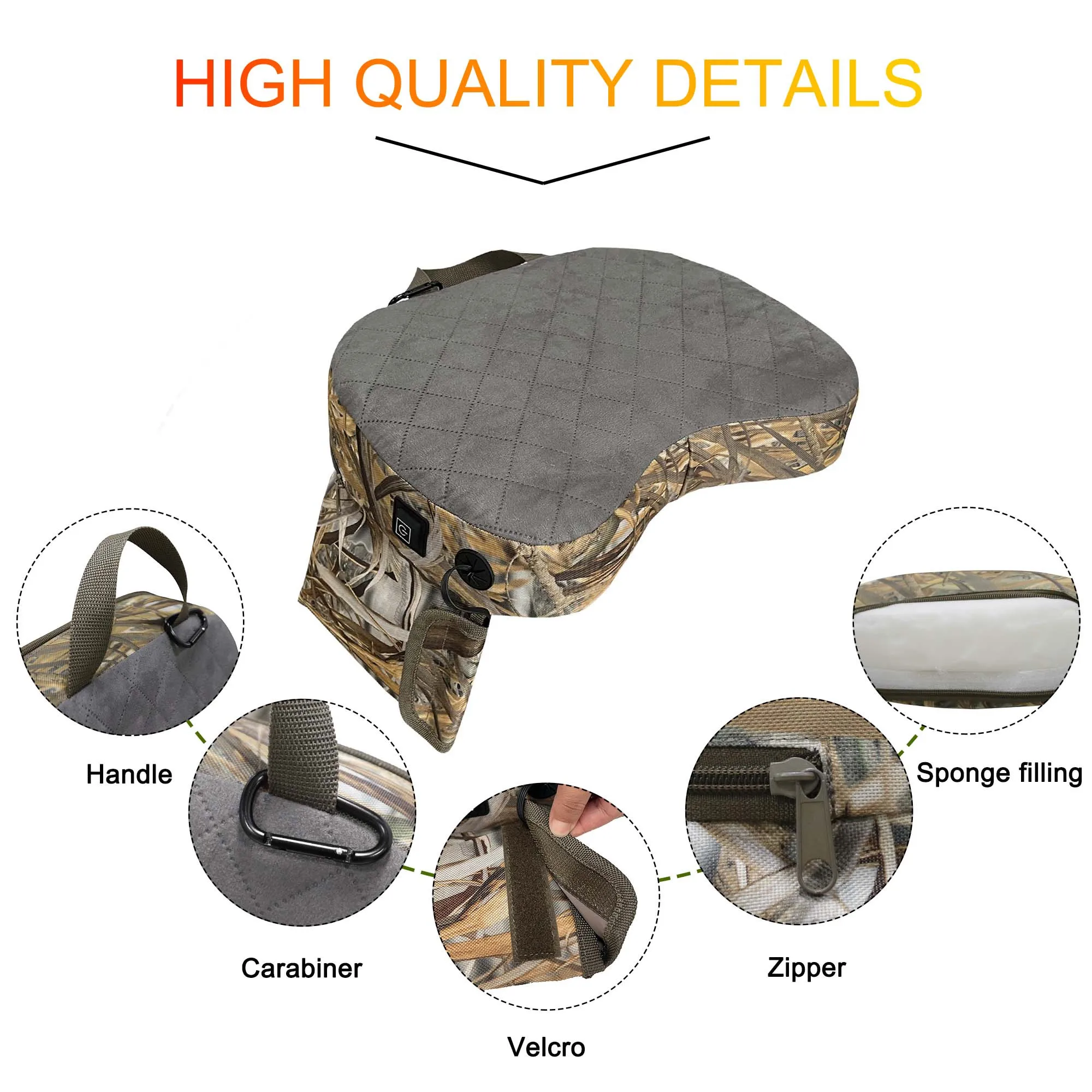 Mydays Outdoor Camouflage Zipper Multi Functional USB Powered Hunting Concave Design Seat Cushion With Handle