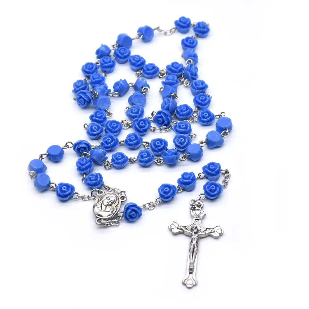 Cristianismo Cruzado Resin Rose Flower Rosary Necklace Virgin Mary Christ Cross Catholic Christian Prayer Beads