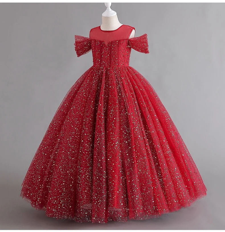 Boutique Kids Litter Girl Party Ball Gown Off Shoulder Children Elegant Beading Sequined Junior Bridesmaid Flower Girls Dress