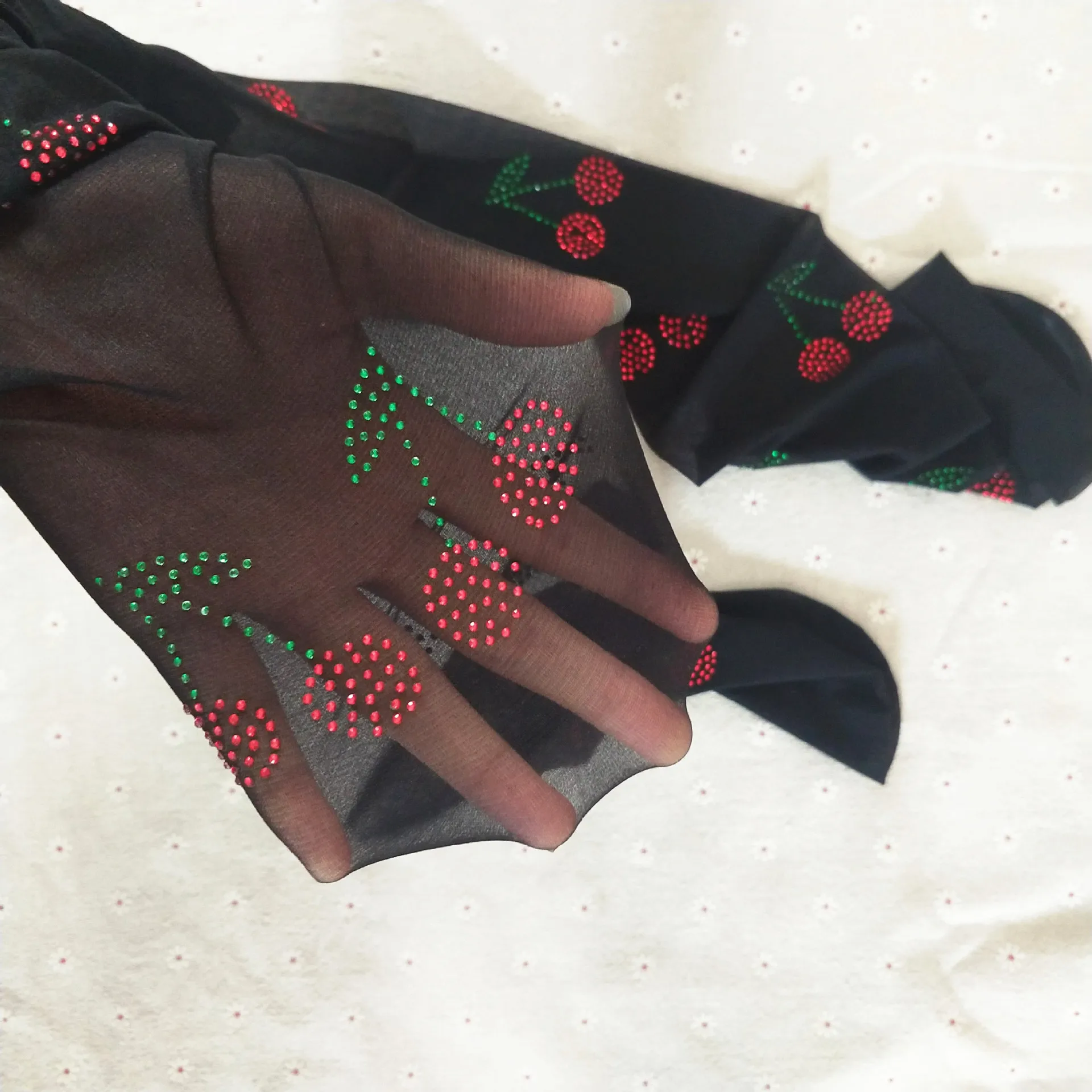 Sexy Mesh Nylon Legging High Waist Slim Stockings Woman Cherry Rhinestone Tights Pantyhose