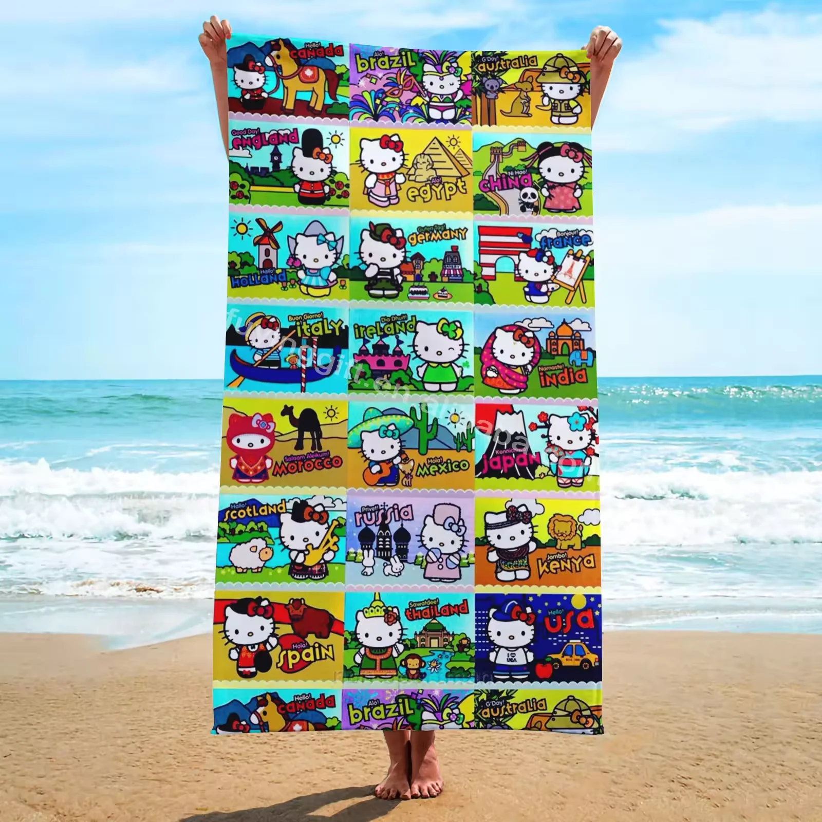 2024 Hot New VIVA Mexico Kitty Puerto Rico Flag Football Cat Printed Bath Towel Cartoon Square microfiber Quick Dry Beach Towel