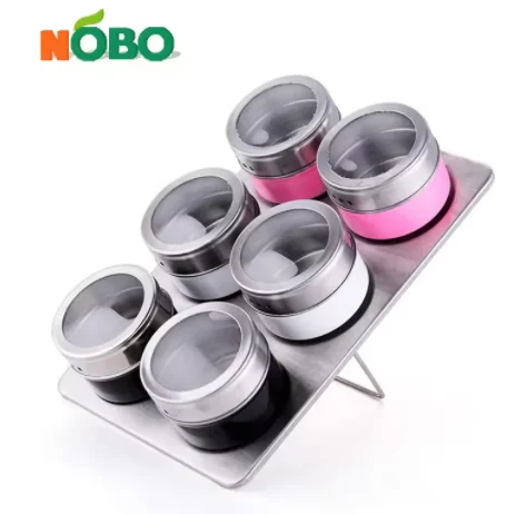 Round Seasonings Storage Containers with Shaker Clear Top Lid Stainless Steel Magnetic Spice Jar