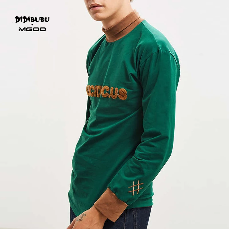 DIDIBUBU MGOO Contrast Turtle Neck Mens Combed Cotton Green Color Custom Chenille Patched Long Sleeve T Shirt