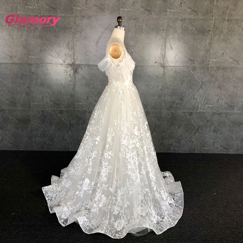 Customized 3D lace wedding dress V Neck Off Shoulder A-line Beach Wedding Gown Dress Bridal