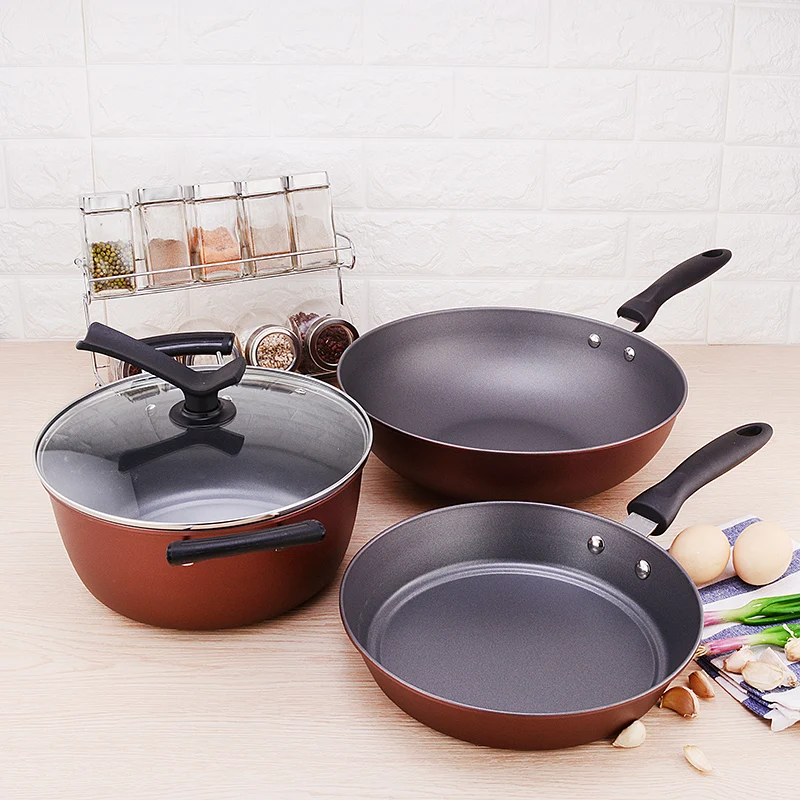 High quality large wholesale red cheap nonstick cooking ware kichen ware 3pcs kitchen pan pots non stick cookware sets