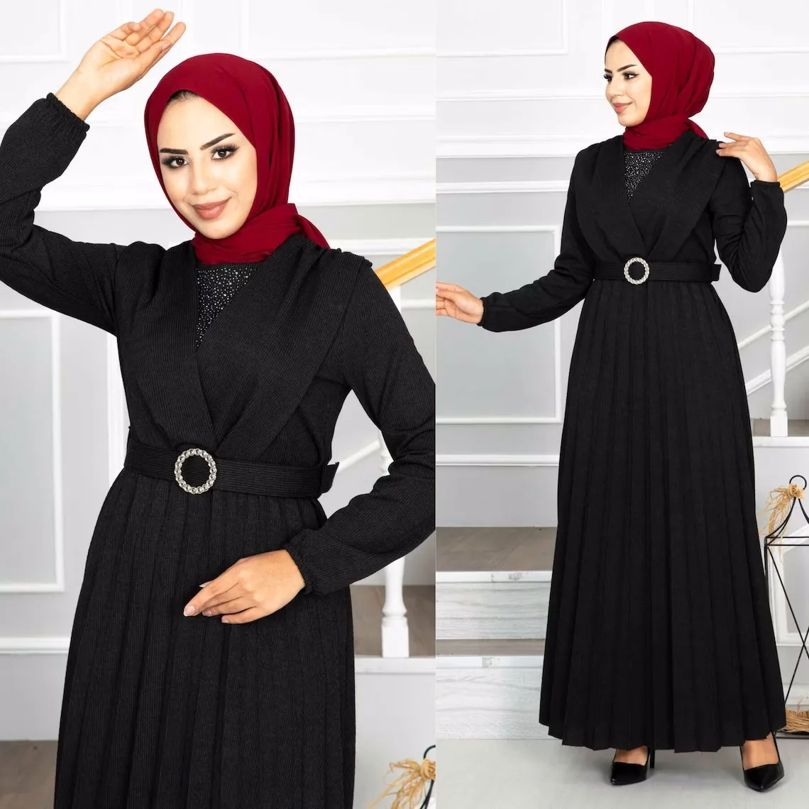 Hot sale high quality fashion womens long sleeves bel pleated islamic clothing muslim dresses
