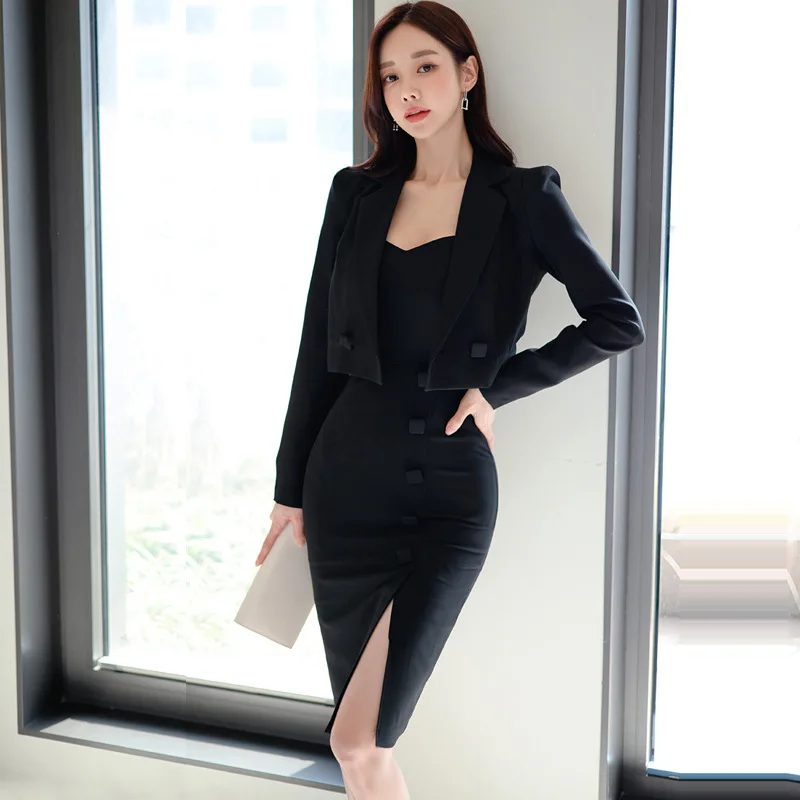 Wholesale Dress And Coat Elegant Korean Dress Women 2 Pieces Suit White Vest Skirt Jacket Set Office Woman Suit Uniforms Dresses