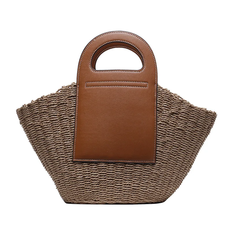 Quiet Luxury Style Raffia Straw Tote Shoulder Handbag Rattan Straw Beach Bag With PU Handle for Resort Vacation