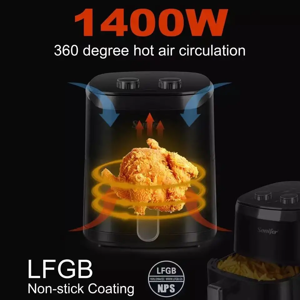 Sonifer SF-1009 adjustable temperature 1400W 4.2L household double knobs timer  Non-stick no oil electric air fryers