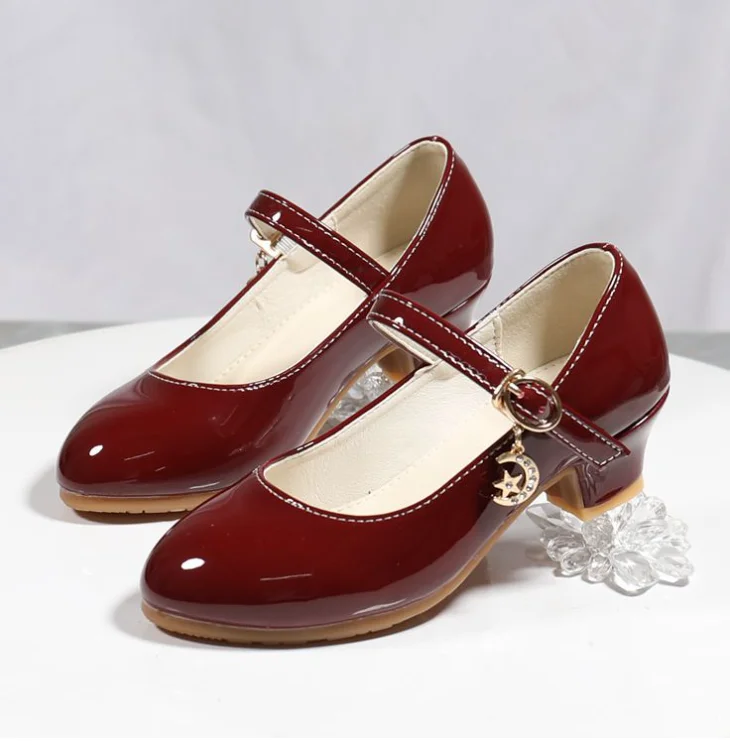 2024 Spring and autumn high heel Children princess leather shoes PU 3CM heel casual black red girls fashion Wedding Party shoes