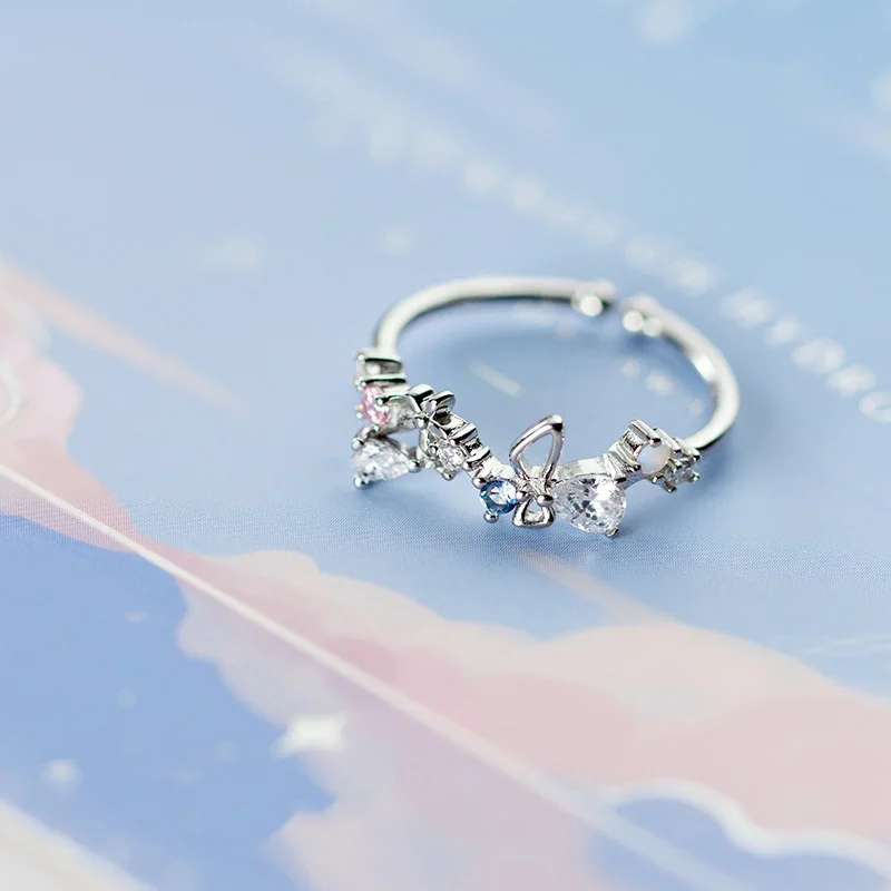 Real 925 Sterling Silver Opal Zircon Butterfly Adjustable Wedding Ring For Women Cute Fine Jewelry Accessories