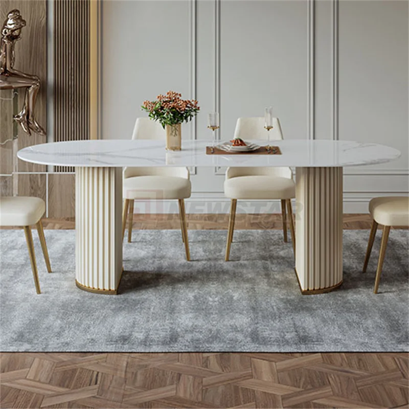 6 Seaters Luxury Modern Home Marble Dining Table Leather Waterproof Leg Oval Shape Table Marble Dining Tables