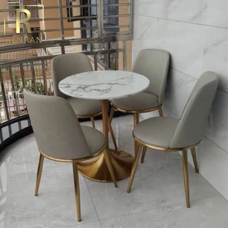 Modern Popular Luxury Round White Marble Top Gold Base Dining Table Hotel Tables Stone