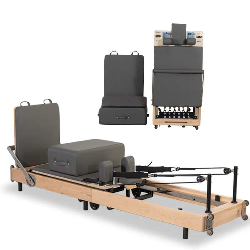 High Quality Multifunction Oak Maple Wooden Foldable Pilates Reformer wood Fold Pilates gym  machines For Yoga Studio Fitness
