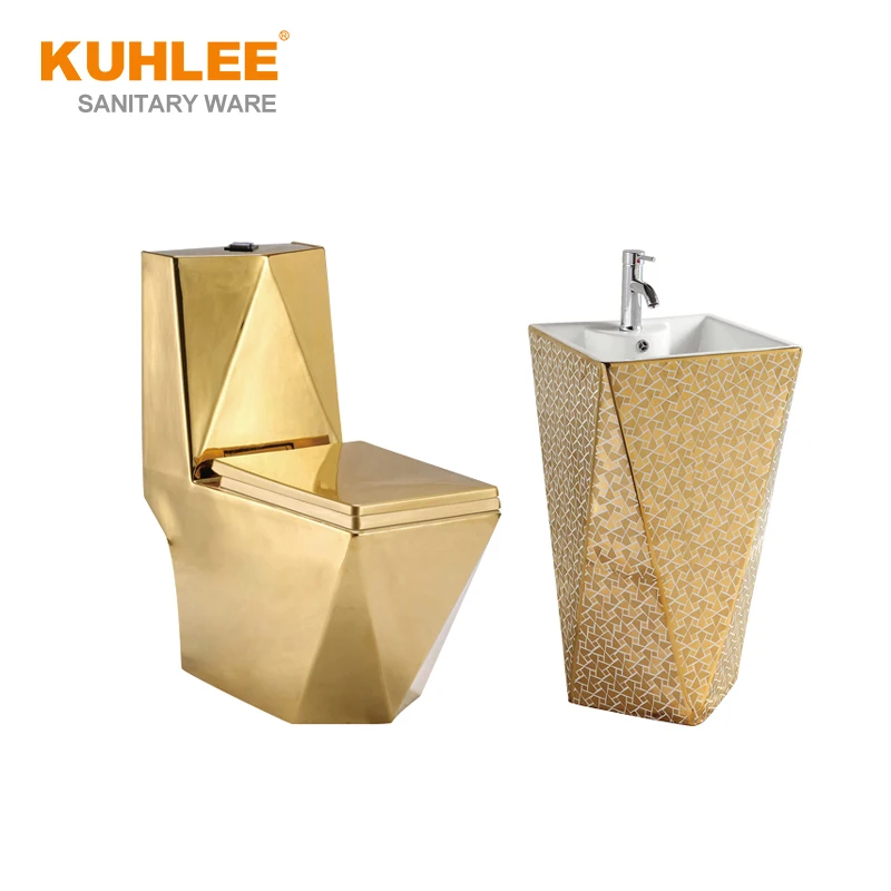 New Gold Toilet Sets Luxury Bathroom Suite One Piece Toilet Bowl Water Closet With Pedestal Basin