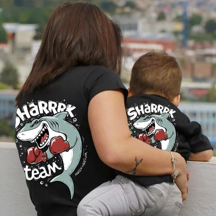Fashion Dad Mom and Kids Shark Printed T-shirt Wholesale High Quality Custom Matching Parent-child Family Clothes