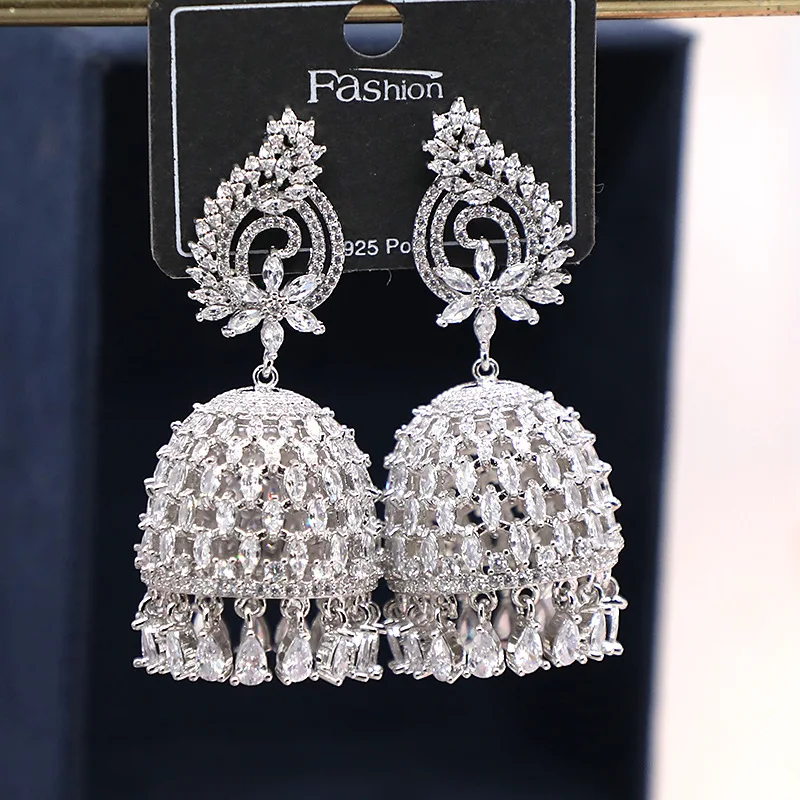 Indian Wedding jewelry luxury chandelier bridal earrings 2022 Cubic Zirconia CZ Stone Tassel Dangling Jhumka Earrings