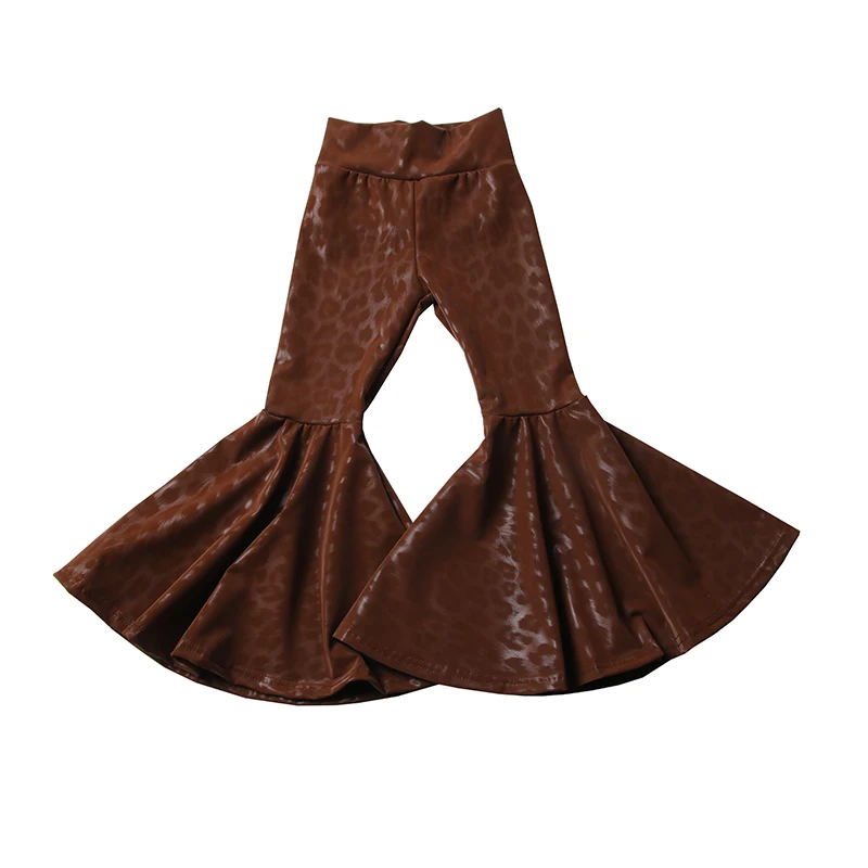 Best selling Kids clothing Cheetah leopard print Metallic leather fabric Hight waist Girls fashion Bell bottoms