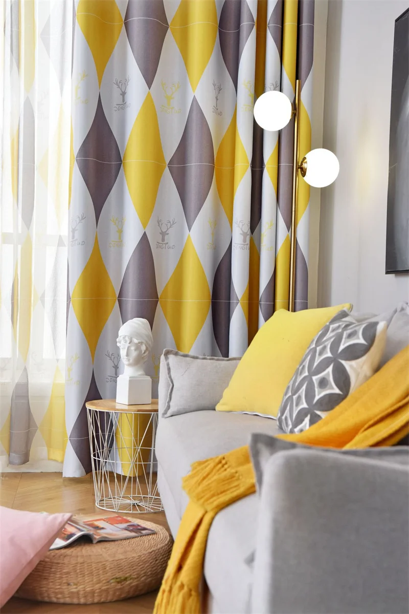 Modern Nordic Simplicity Yellow Geometric Printed Curtain Fabric, Living Room Bedroom Home Polyester Window Curtains Fabric