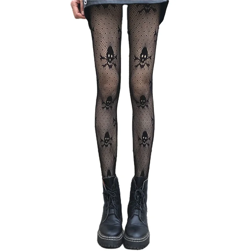 YS-T1208 Punk Stretch Pantyhose Sexy Stay up Thigh High Tights Fishnet Mesh Stockings for Women Accessories Print Skull Free