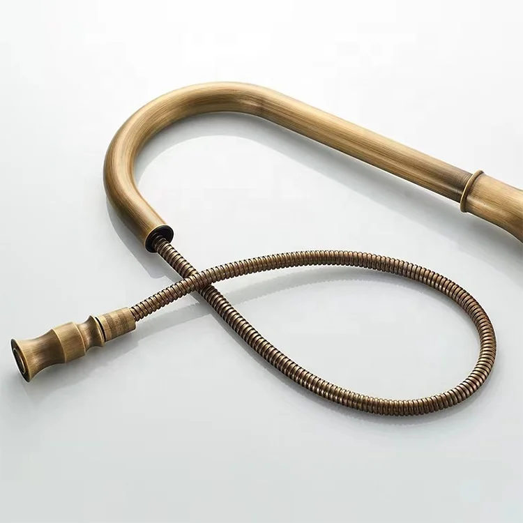 European Style Single Handle Kitchen Faucet,Antique Copper One Hole Pull Down Brass Faucet with Cold Hot Mixer Hoses