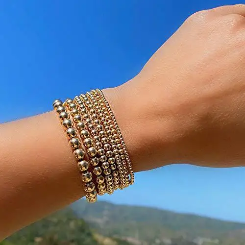 4mm 6mm 8mm Stackable 18K Gold Plated Stretch Beads Ball Bracelet Fashion Simple Stainless Steel Beaded Bracelets for Women