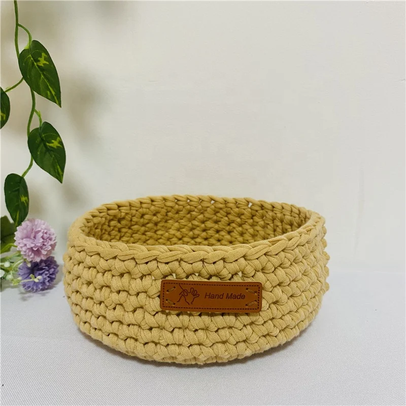 Crochet Patterns Cloth rope Woven Storage basket with PU leather bottom small goods storage organizers