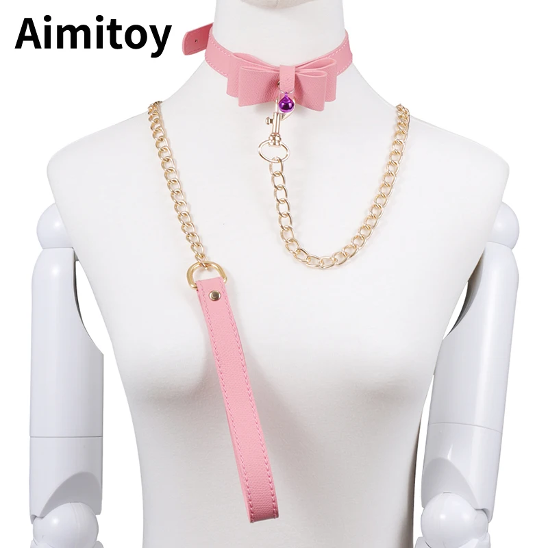 Aimitoy розовые ошейники из искусственной кожи бандаж секс-игрушки Фетиш-ошейник милый галстук-бабочка с поводком-колокольчиком для секса ошейник