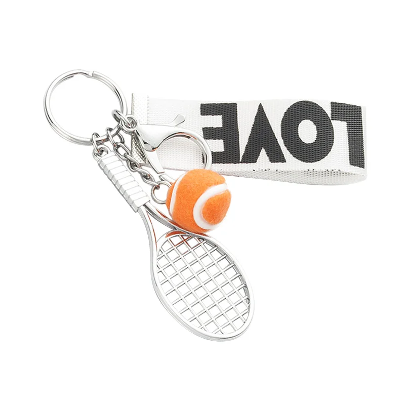 Fashion mini tennis racket key chain tennis ball pendent key ring ribbon lanyard letter