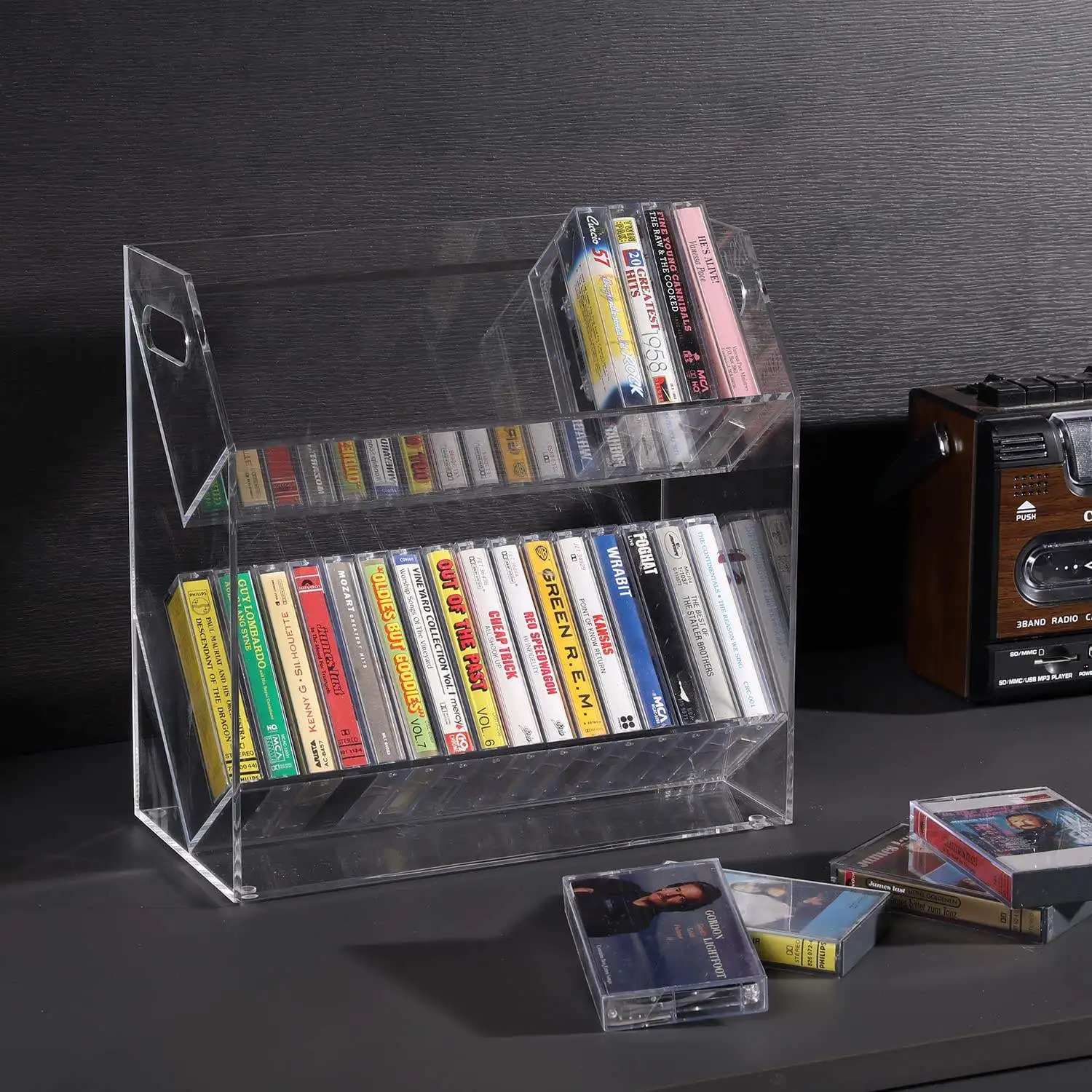 Custom Clear Acrylic Cassette Tape Holder Desk Tape Cassette Organizer Shelf Retro Audio Tape Storage Racks