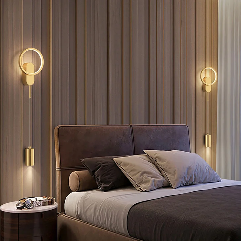Modern Minimalist LED Wall Light Black Gold Bedroom Wall Lamp with Gold Backdrop for Hallway Living Room or Aisle