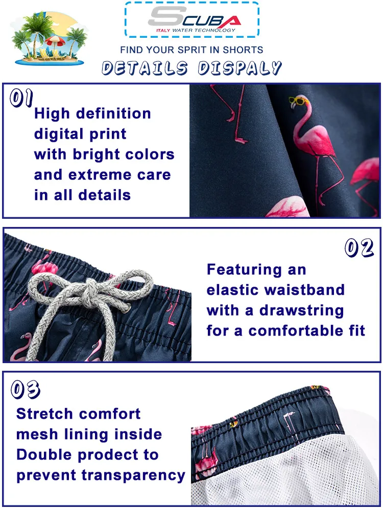 Custom quick dry breathable mens flamingo printed swimwear board beach short trunks