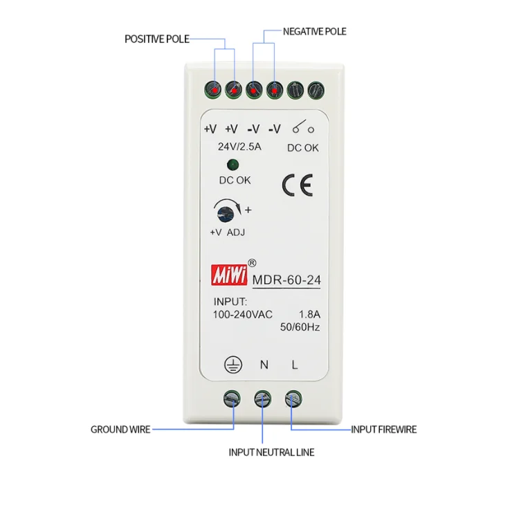 MDR-60-24 Din Rail 60W 2.5A 24V AC DC  Transformer Single Output Switching Power Supply