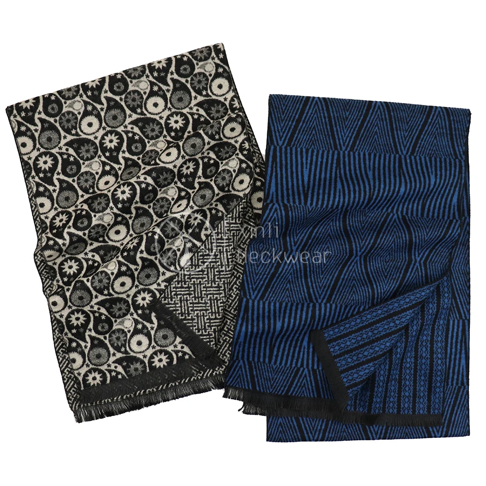 Premium Quality Custom Paisley Geometric Stripe Design Scarves Black Beige Blue Silk Double Side Warm Winter Scarf for Male