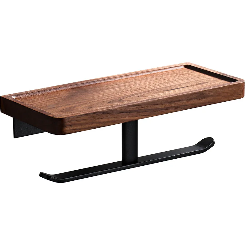 Self-adhesive Tissue Holder with Walnut Wood Phone Shelf Matte black Aluminum Rod Bathroom Toilet Paper Holder