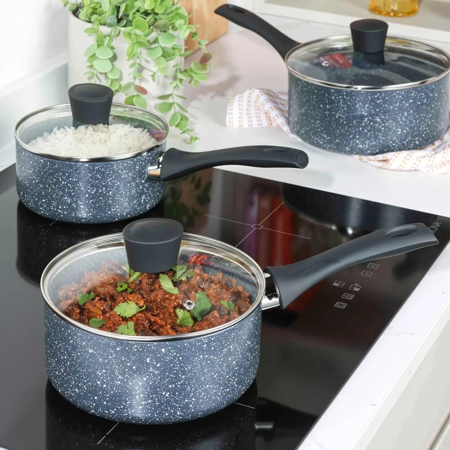 Wholesale 3003 Aluminum Alloy Non Stick Marble Coating Milk Pan With Glass Cover Non Stick Cooking Pots Factory Direct Sales